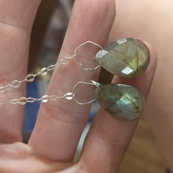 Laboradite pear drop and sequin sterling chain earrings - Picture 6 of 7